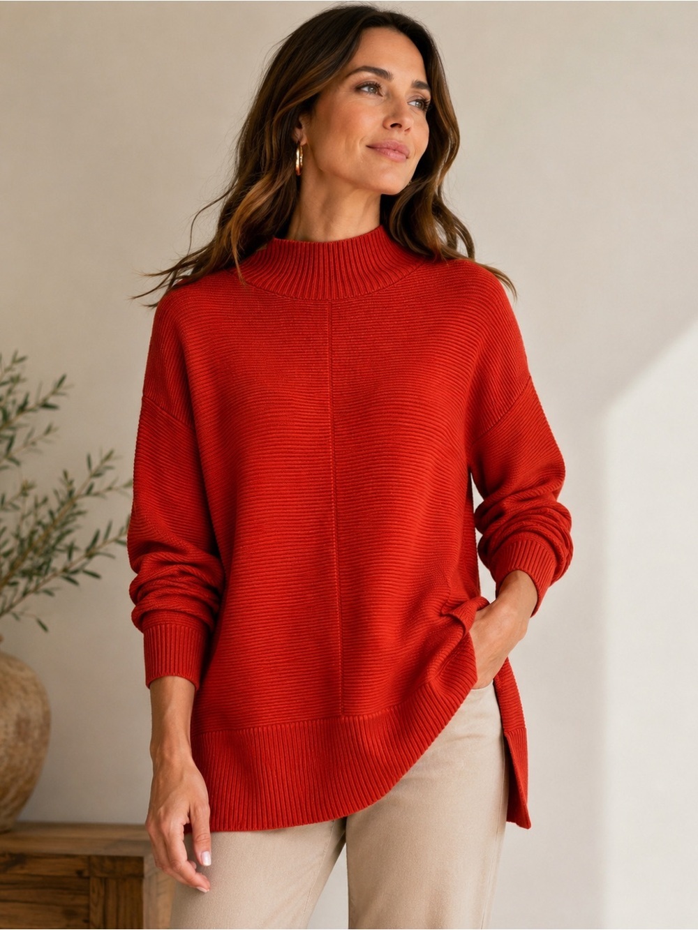 Talbots Orange Ribbed Tunic Sweater XL Mock Neck Oversized Side Slits Soft Knit